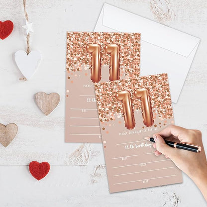 11th Birthday Invitation Cards, Rose Gold Glitter 11th Birthday Party Invites, Kids Happy Birthday Party Decorations Supplies, 20 Fill-in Cards with Envelopes for Boys or Girls Party Celebration - C03