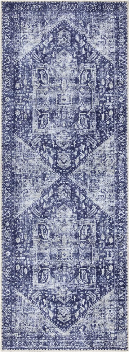 Bloom Rugs Washable Non-Slip 10 ft Runner - Blue/Ivory Traditional Runner for Entryway, Hallway, Bathroom, and Kitchen - Exact Size: 2.5' x 10'