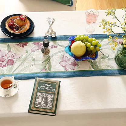 patdrea Designer Elegant Bright Linen Table Runner 87 Inch Long, Mauve Iris Floral Pattern Table Mat, Decoration for Kitchen Dining Table Coffee Table Shelf Cabinet Banquet Christmas ,12"*87"