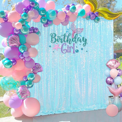 Blue Iridescent Sequin Backdrop Curtain 7ft x 7ft Glitter Photo Booth Backdrop for Wedding Birthday Baby Shower Event Decorations