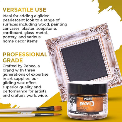 Pebeo Gilding Wax 30ml – Empire Gold Gilding Wax for Crafting, Antiquing Wax for Crafts and Professional Finish – Gilding Wax for Wood, Metal, and More Bundled with Moshify Application Brushes