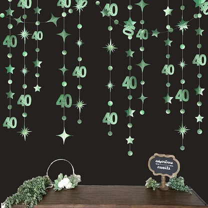 Sage Green 40th Birthday Decorations Number 40 Circle Dot Twinkle Star Garland Metallic Streamer Banner Backdrop for Women Mens Cheers to 40 Years Old Birthday Happy 40th Anniversary Party Supplies