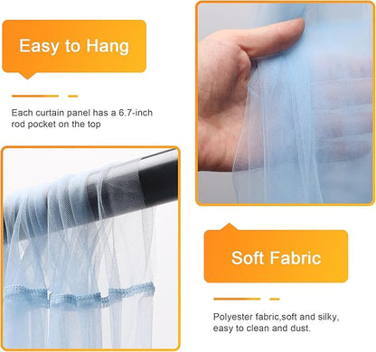 Fomcet Baby Blue Tulle Backdrop Curtains with Lights String 10FT X 8FT Sheer Curtain with Lights Tulle Curtains Backdrop for Wedding Birthday Party Photo Shoot (2 Panels 5x8FT)