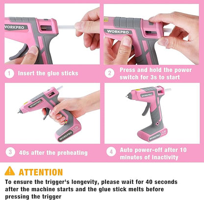 WORKPRO Pink Cordless Hot Melt Glue Gun, 7.2V Rechargeable Fast Preheating Glue Gun Kit with 20 Pc Premium Mini Glue Stick, Automatic-Power-Off Hot Glue Gun for Art, Craft, Decoration - Pink Ribbon
