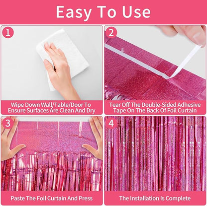 Picoway 4 Pack Pink Foil Fringe Tinsel Backdrop Curtains, Birthday Engagement Bachelorette Party Decorations, Photo Booth Props Door Streamers Curtain