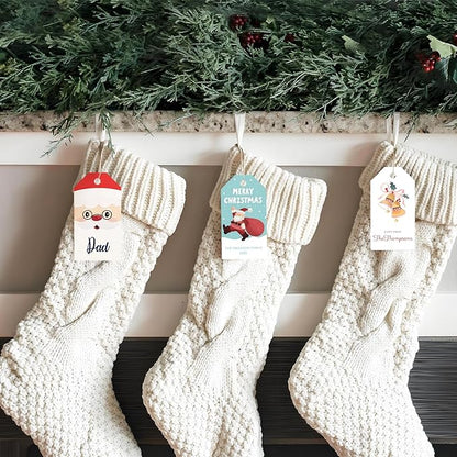 50pcs Custom Merry Christmas Gift Tags Personalized with Your Family Name and Year, Unique Santa Christmas Tree Design Hangtag Party Decorations (Rectangle Tag)