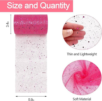 Glitter Tulle Rolls, 6” by 50 Yards (150FT) Sparkling Tulle Spool Ribbon Sequin Tulle Netting Fabric for Tutu Skirt Wedding Birthday Baby Shower (Rose Red)