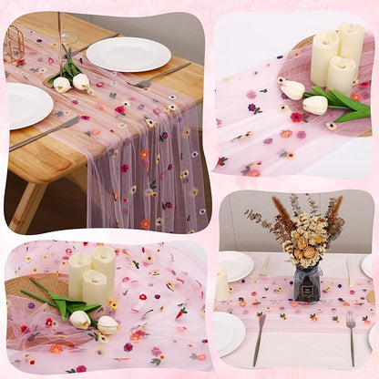 Pink Floral Table Runner 10 FT, Embroidery Daisy Table Runners Seasonal Sheer Tulle Table Runner for Thanksgiving Wedding Birthday Baby Shower Party ﻿