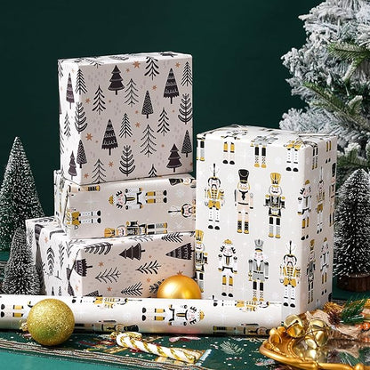 Ulmasinn Reversible Christmas Wrapping Paper Roll - 17" x33ft Double-Sided Designs with Luxury, Gold Nutcracker & Minimalist Black Forest, Xmas Gift Wrap for Presents, Table Decor & Crafting