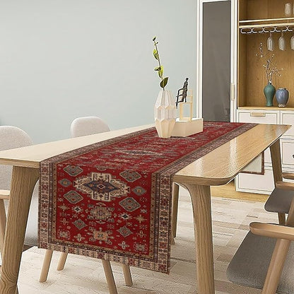 Boho Floral Vintage Table Runner, Retro Red Brown Flower Rustic Country Farmhouse Abstract Pattern for Home Kitchen Table Decor Dining Coffee Room Party Decor 13x72in
