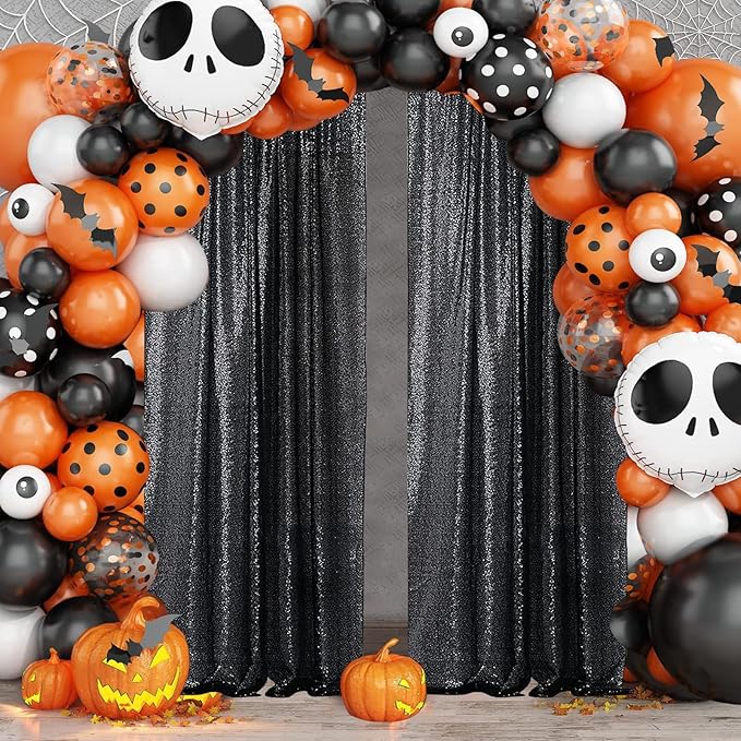 Sugargirl Halloween Black Sequin Backdrop Curtain 2 Panels 2FTx8FT Glitter Black Background Drapes Sparkle Photography Backdrop for Party Wedding Birthday Wall Decoration