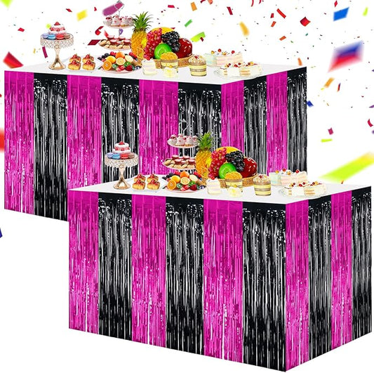 BEISHIDA 2 Pack Hot Pink Black Table Skirts Party Decorations Purple Metallic Tinsel Foil Fringe Table Skirts for Mouse Theme Birthday Mean Girls Hot Girls Wednesday Party
