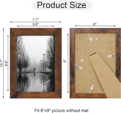 6x9 Picture Frame Set of 4, High Definition Real Glass Rustic Frame, 6 x 9 Wood Photo Frames for Tabletop Display and Wall Mounting