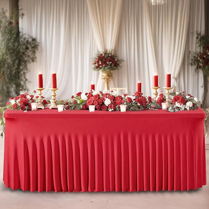 2 Pack Red Spandex Table Clothes for 8 Foot Rectangle Tables, 8FT Wrinkle Free Fitted Tablecloths Ruffles Design Stretch Table Cover for Party, Banquet, Wedding and Events