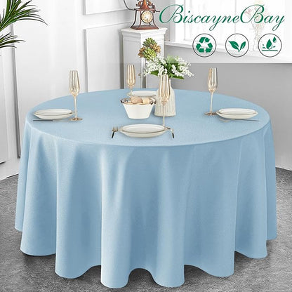 Biscaynebay Textured Fabric Round Tablecloths 90", Light Blue Water Resistant Washable Table Cloths Circle Folding Table Covers Linen for Dining, Kitchen, Wedding, Parties etc.