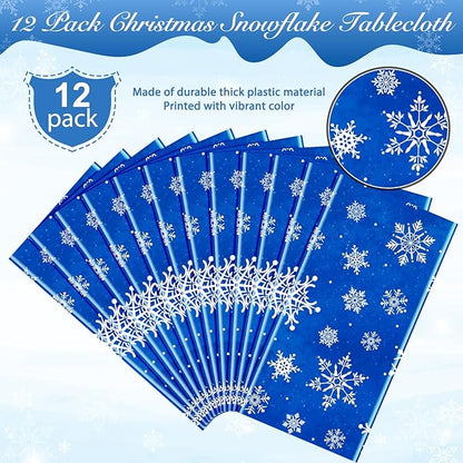 Jectivs 12 Pieces Christmas Snowflake Plastic Party Tablecloth Decorations,White Snowflake Blue Xmas Backdrop Sign Table Cover Banner for Winter Christmas Holiday Party Supplies,54x108 inch (Blue)