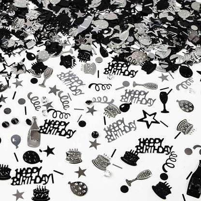 VHUWE Happy Birthday Confetti, 1.6 oz Black Silver Cake Balloon Star Goblet Bottle Confetti for Happy Birthday Party Decorations Boys Girls Kids Women Men Birthday Table Decorations | Black Silver