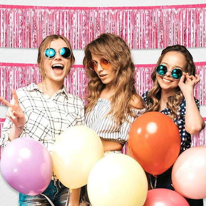 4 Pack 10 Feet Pink Foil Fringe Garland Metallic Tinsel Streamers Banner Wall Hanging Curtain Backdrop for Parade Floats, Wedding, Graduate, Mother's Day, Birthday Party Decoration