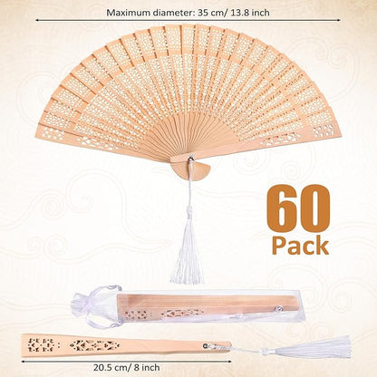 Qunclay 60Pcs Wooden Hand Fans Folding Wedding Fans for Guest Chinese Hollow Pattern with White Tassel and Gift Bag for Wedding Bridal Shower Birthday Party Favors Gift and Home Decor(Simple Style)