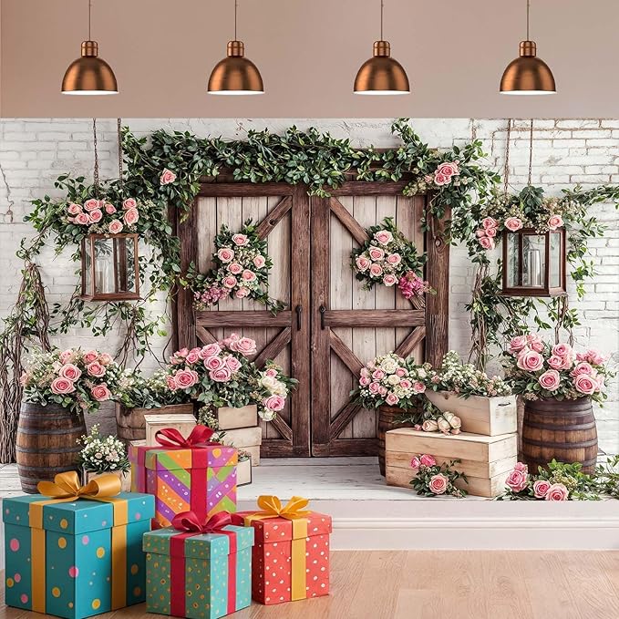 5x4ft Country Wedding Photography Backdrop Floral Rustic Roses Farmhouse Wooden Door Backdrop Pink Flower Birthday Baby Shower Wedding Bridal Party Banner Photo Booth Props Anniversary Background