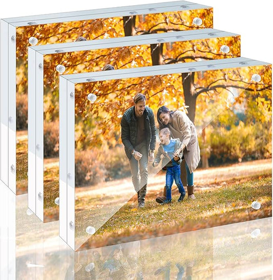 3 Pack 6x8 Acrylic Picture Frames - 20% Thicker Double Sided Magnetic Frame with UV Protection - Freestanding Clear Frameless Display for Tabletops - Modern Photo Frame Set for Home & Office Decor
