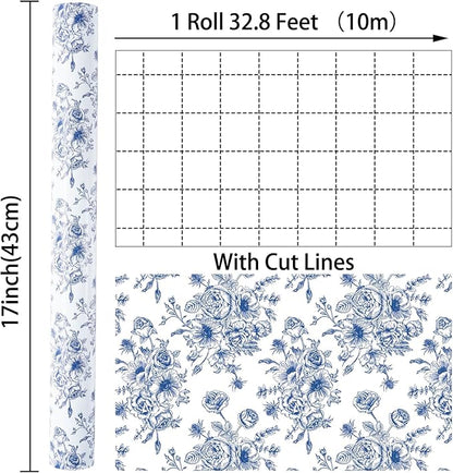 Ulmasinn Blue Floral Wrapping Paper Roll - 17 Inches x 33 Feet - Vintage Toile Blue Floral Design with Cut Lines for Upscale Gifts, Birthday, Bridal Shower, Wedding, Mother’s Day
