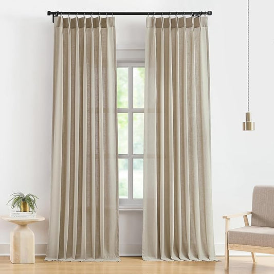 Vision Home Sand Pinch Pleated Semi Sheer Curtains Textured Linen Blended Light Filtering Window Curtains 120 inch for Living Room Bedroom Pinch Pleat Drapes with Hooks 10ft 2 Panels 40" Wx120 L