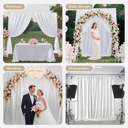 Joydeco White Curtains Backdrop for Wedding Parties, Photo Backdrop Curtains for Wedding Decorations Birthday, Wrinkle Free Polyester 5ft x 10ft Fabric Drape 2 Panels with Rod Pockets