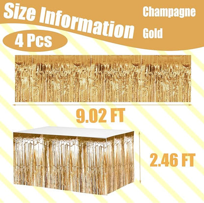 4 Pack 29x108 Inch Metallic Foil Fringe Tinsel Table Skirts for Rectangle Tables Streamer Curtains Backdrop for Christmas, Birthday, Parade Floats, Halloween Party Supplies(Champagne Gold)