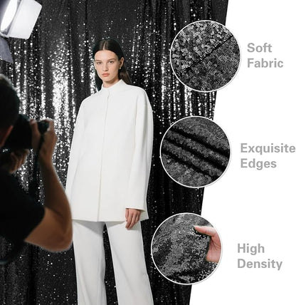 Black Sequin Backdrop Curtain 4 Pieces 2FTx8FT Glitter Photography Backdrop for Party Wedding Birthday Christmas Decorations