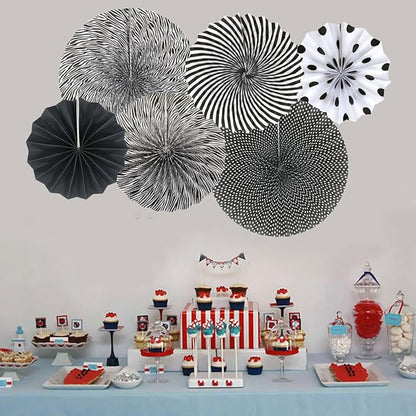 Party Hanging Paper Fans Set, Black Round Pattern Paper Garlands Decoration for Birthday Wedding Graduation Events Accessories, Set of 6