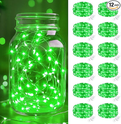 btfarm 12 Pack Fairy Lights Battery Operated, 7FT 20 LED Mini String Lights Waterproof Silver Wire for Mason Jars Centerpiece Table Crafts Bedroom Christmas Decoration, Green