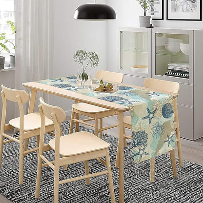 Nautical Coastal Table Runner，Ocean Themed Starfish Coral Conch Beach Kitchen Dinning Table Decoration for Indoor Outdoor Home Party Decor 13x108 Inch
