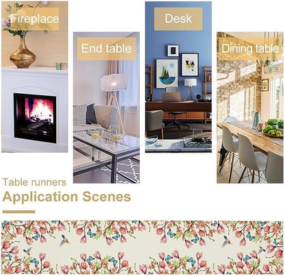 Flowers Table Runner,Floral Bird Butterfly Spring Table Cloth Kitchen Dining Table Home Party Decoration 13x120 Inch