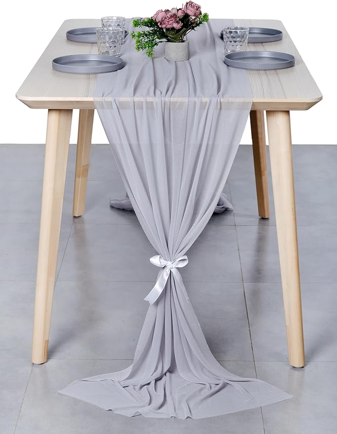 MDS Halloween Chiffon Table Runner - 1 Pack, 29 x 170 Inches, 14ft Each - Sheer Spooky Table Runners for Haunted House Parties, Trick-or-Treat Tables, Witchy Décor, Wedding & Events - Cool Gray