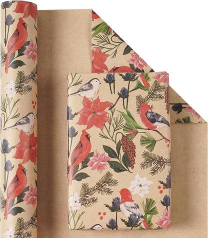 RUSPEPA Kraft Christmas Wrapping Paper Roll, Mini Roll, Watercolor Bird and Botanical Design with Flowers & Pinecones, Kraft Gift Wrap for Women, Friends, Holiday, Winter Party, 17 Inches x 16.4 Feet