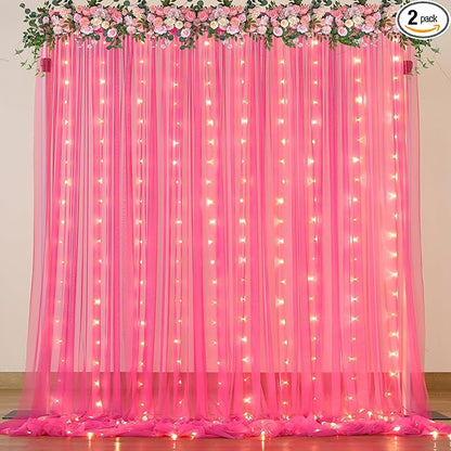 Hot Pink Tulle Backdrop Curtain with Lights for Parties 10x10ft Fuchsia Sheer Backdrop Curtains for Weddings Birthday Baby Shower Photo Shoot Background Decorations