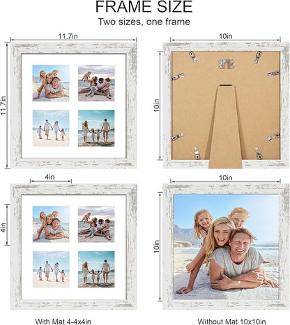 10x10 Picture Frame Set of 2, Real Glass and Distressed White Collage Frame, Display Pictures Four Opening 4x4 With Mat or 10 x 10 Without Mat for Wall Hanging or Tabletop