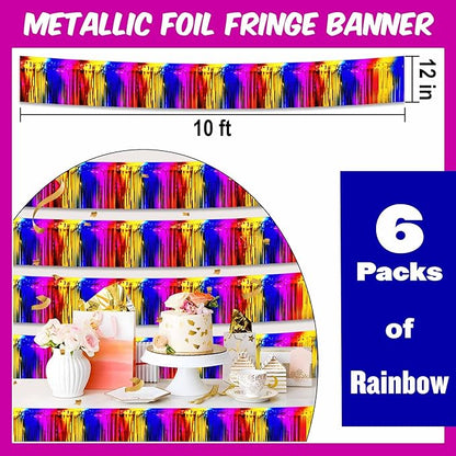 6 Pack 10 Ft Rainbow Foil Fringe Garland Metallic Streamers Tinsel Banner Wall Hanging Garland Backdrop for Parade Floats, Halloween, Christmas, Thanksgiving, New Year Party Decorations