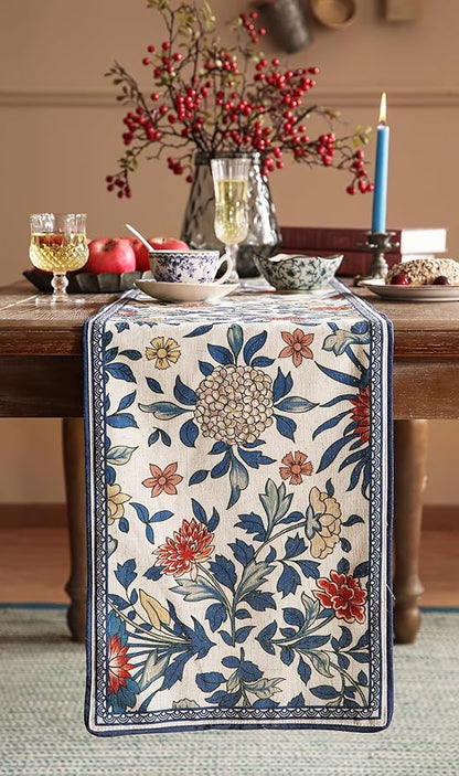 patdrea Designer Blue Cottage Rustic Floral Patterned Linen Table Runner 71 Inch Long,Wrinkle Resistant Table Mat,Decoration for Kitchen Dining and Coffee Tables Banquet Christmas , 12"x71"