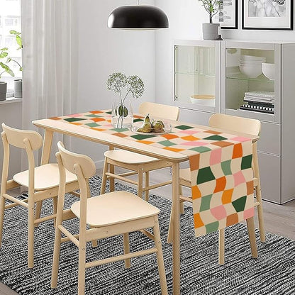 Hippie Table Runner, Vintage Geometric Square Orange Green Pink Grid 60s 70s Style Kitchen Dining Room Decor for Indoor Outdoor Wedding Party Table Runner 13x60 Inch