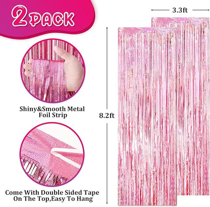 2 Pack 3.3x8.2 Feet Laser Pink Foil Fringe Backdrop Curtains, Tinsel Streamers Birthday Party Decorations, Fringe Backdrop for Graduation, Baby Shower, Gender Reveal, Disco Party