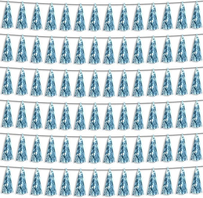 6P Light Blue Foil Fringe Metallic Tassel Streamers Banner Tassel Garland for Parade Floats, Bachelorette, Wedding, Birthday, Graduation, Christmas, Bridal/Baby Shower Party Decorations