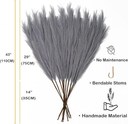 Faux Pampas Grass 6 Stems, Artificial Pampas Grass - 43''/3.6FT Total Extra Large Pompass Grass Tall Pompous Boho Flower Arrangement and Floor Vase Filler Home Decor for Room Wedding Party (Grey)
