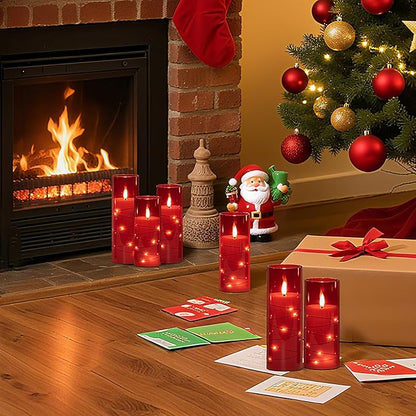Raycare Flameless Candle with Remote Timer – 9 Flickering Acrylic Battery Operated LED Pillar Candles with Embedded Star String for Halloween, Home Decor, and as a Gift (Red)