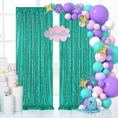 Mermaid Sequin Photo Backdrop Decor: Lake Green Glitter Background 2 Panels 2FT x 8FT for Ocean Party Baby Shower