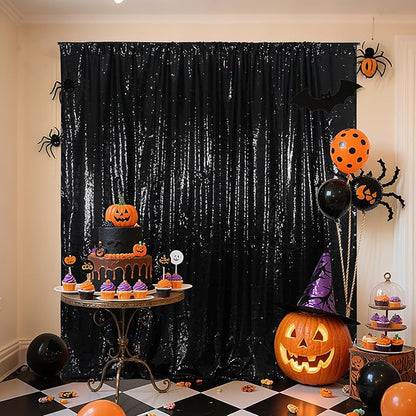 Poise3EHome 6Ft x 8Ft Black Sequin Backdrop, Glitter Thick Satin Background Drapes, Sparkly Opaque Photography Curtain, Sequence Xmas Thanksgiving Backdrop for Wedding Party Holiday Festival Decor