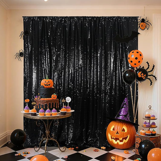 Poise3EHome 8Ft x 8Ft Black Sequin Backdrop, Glitter Thick Satin Background Drapes, Sparkly Opaque Photography Curtain, Sequence Xmas Thanksgiving Backdrop for Wedding Party Holiday Festival Decor