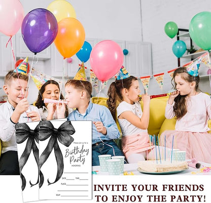 SIXEIGHT Black Bow Birthday Invitations, Black Ribbon Bow Birthday Party Invitations, 20 Party Invitations with Envelopes for Girls Boys, Birthday Party Favor & Decoration (4"x6")-A02