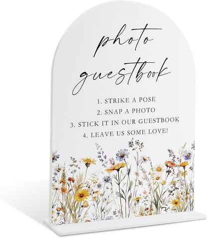Wedding Signs for Ceremony and Reception, Boho Floral Acrylic Photo Guestbook Sign, Wedding Signage with Stand, Bridal Shower Table Centerpieces, Supplies for Engagement Reception Event Party, 28